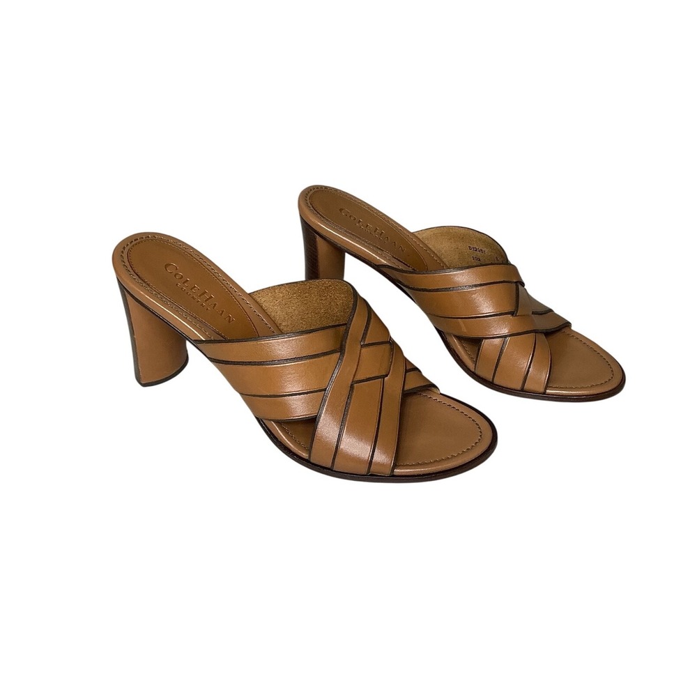 Cole Haan Country Tan Brown Leather Criss Cross Block Heel Slide Mules D12351 8B